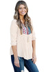 Sexy Embroidered Neck 3/4 Sleeve Khaki Crepe Top